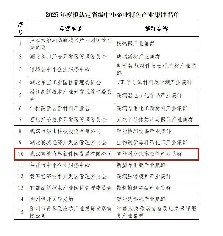 省级中小企业特色产业集群名单公示 武汉经开区+1