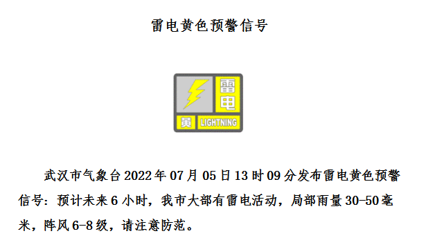 刚刚，武汉气象台发布雷电黄色预警！
