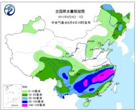 全国降水量预报图(2011年6月4日至7日) 全国降水量预报图(2011年6月4日至7日)