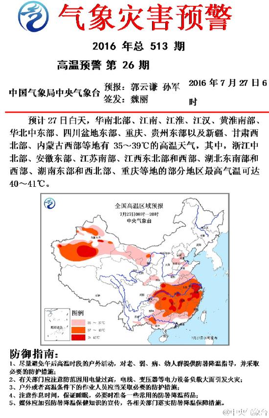 中央气象台继续发高温橙色预警 局地气温达41℃