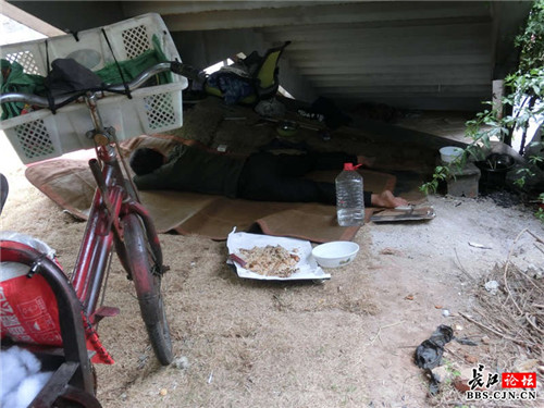 人行天桥下成了床大街上睡觉很不雅