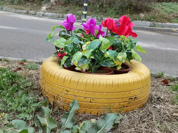 轮胎上的花朵,扮靓小区