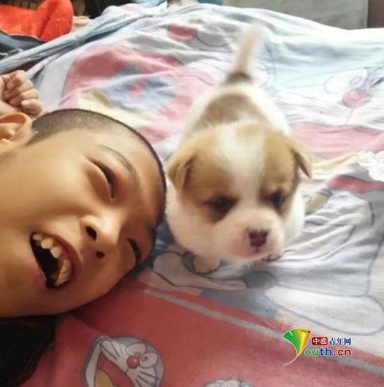 赵琦龙和他的玩伴宠物狗。