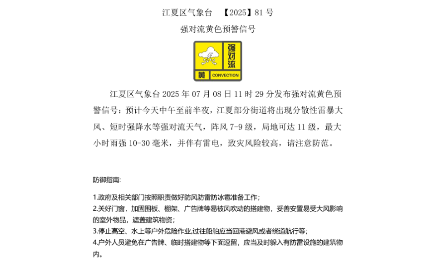 黄色预警！武汉这几个区有强对流
