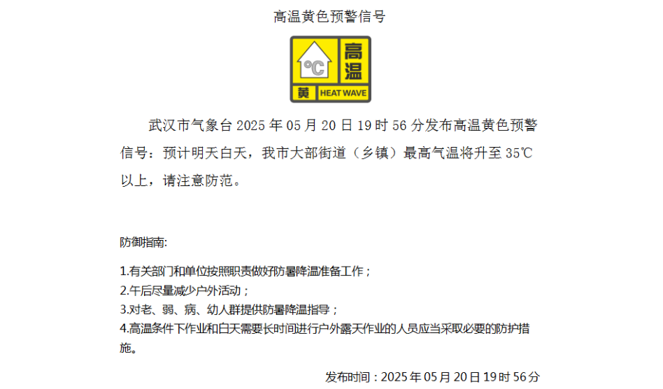 高温黄色预警!预计明天我市大部最高气温升至35℃以上
