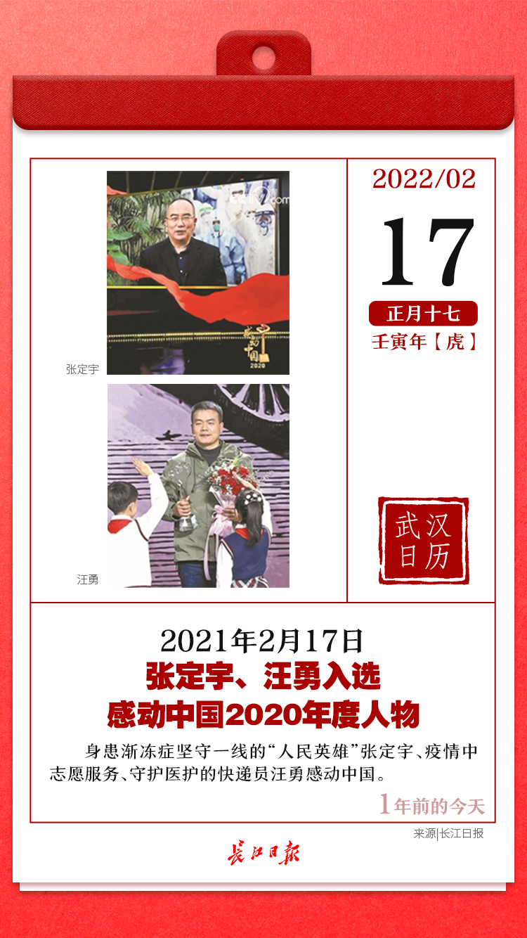 1年前的今天張定宇汪勇入選感動中國2020年度人物武漢日曆