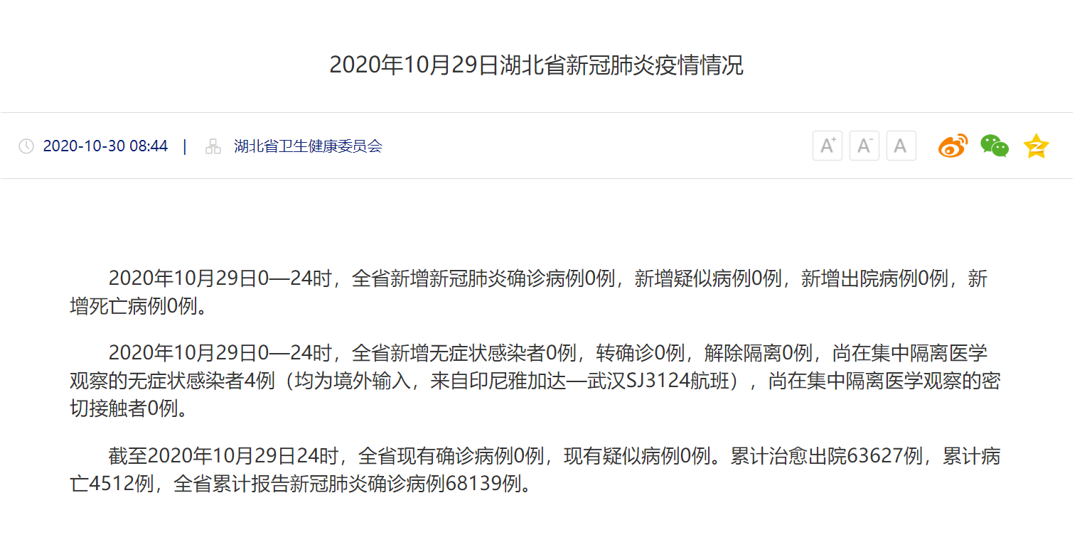 2020年10月29日湖北省新冠肺炎疫情情况