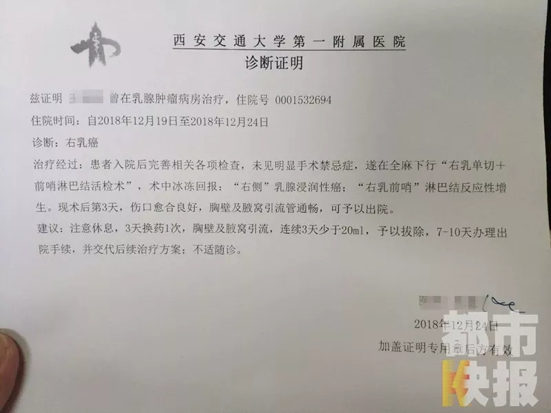 王女士先后被咸阳,西安的两家三甲医院   确诊为右乳癌   肿瘤大小