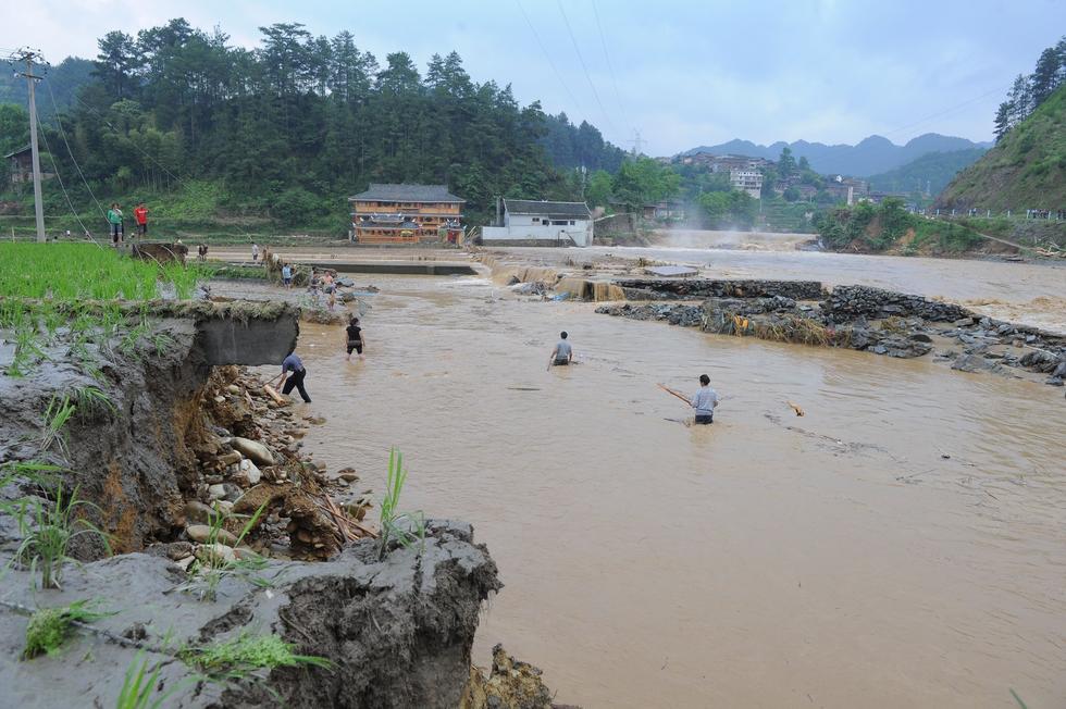 雷山遭暴雨襲擊村民洪水中撈魚